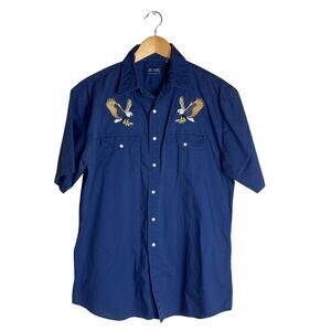 Vintage Men's Pearl Snap Western Eagles Blue Short Sleeve Button Up Medium Blair